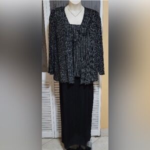 Onyx Nite Evening Black & Silver Glitter Long Dress With Jacket - Size 16